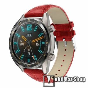 Okosóra szíj - PIROS - Krokodilbőr mintás, valódi bőr - 120 + 80mm hosszú, 22mm széles, 140-210mm-es csuklóig ajánlott - SAMSUNG Galaxy Watch 46mm / SAMSUNG Gear S3 Classic / Gear S3 Frontier / Honor MagicWatch 2 46mm kép