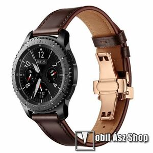 Valódi bőr okosóra szíj - speciális pillangó csatos, 120 + 80mm hosszú, 22mm széles, 165-220mm átmérőjű csuklóméretig - SÖTÉTBARNA / ROSE GOLD - HUAWEI Watch GT / HUAWEI Watch 2 Pro / Honor Watch Magic / HUAWEI Watch GT 2 46mm kép