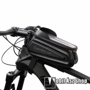 UNIVERZÁLIS biciklis / kerékpáros tartó konzol mobiltelefon készülékekhez - fényvisszaverő, cseppálló védő tokos kialakítás, tépőzáras pántok, fülhallgató nyílás, kétirányú cipzár - FEKETE - belső méret: 185mm x 90mm kép