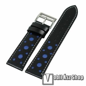 Okosóra szíj - FEKETE / KÉK - PU bőr, lyukacsos, 85mm + 115mm hosszú, 22mm széles, 160-220mm csuklóméretig ajánlott - SAMSUNG Galaxy Watch 46mm / SAMSUNG Gear S3 Frontier / HUAWEI Watch GT / Watch GT 2 46mm kép