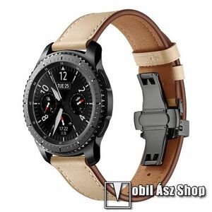 Okosóra szíj - FEKETE / BÉZS - valódi bőr, pillangó csat, 120mm + 80mm hosszú, 22mm széles, 165mm-től 220mm-es méretű csuklóig ajánlott - SAMSUNG Galaxy Watch 46mm / Watch GT2 46mm / Watch GT 2e / Gear S3 Frontier / Honor MagicWatch 2 46mm kép