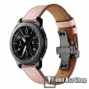 Okosóra szíj - FEKETE / RÓZSASZÍN - valódi bőr, pillangó csat, 120mm + 80mm hosszú, 22mm széles, 165mm-től 220mm-es méretű csuklóig ajánlott - SAMSUNG Galaxy Watch 46mm / Watch GT2 46mm / Watch GT 2e / Gear S3 Frontier / Honor MagicWatch 2 46mm kép