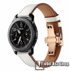 Okosóra szíj - ROSE GOLD / FEHÉR - valódi bőr, pillangó csat, 120mm + 80mm hosszú, 22mm széles, 165mm-től 220mm-es méretű csuklóig ajánlott - SAMSUNG Galaxy Watch 46mm / Watch GT2 46mm / Watch GT 2e / Gear S3 Frontier / Honor MagicWatch 2 46mm kép