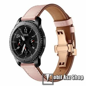Okosóra szíj - ROSE GOLD / RÓZSASZÍN - valódi bőr, pillangó csat, 120mm + 80mm hosszú, 22mm széles, 165mm-től 220mm-es méretű csuklóig ajánlott - SAMSUNG Galaxy Watch 46mm / Watch GT2 46mm / Watch GT 2e / Gear S3 Frontier / Honor MagicWatch 2 46mm kép