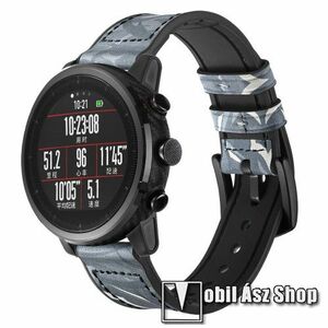 Valódi bőr okosóra szíj - FEKETE TEREPMINTÁS - valódi bőr, szilikon belső, 120mm + 80mm hosszú, 22mm széles, 155-215mm-es méretű csuklóig ajánlott - SAMSUNG Galaxy Watch 46mm / Watch GT2 46mm / Watch GT 2e / Gear S3 Frontier / Honor MagicWatch 2 46mm kép