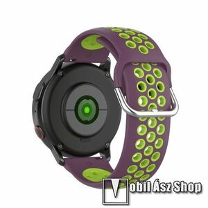 Okosóra szíj - légáteresztő, sportoláshoz, szilikon - 129mm + 86mm hosszú, 20mm széles, 140mm-től 220mm-es méretű csuklóig ajánlott - LILA / ZÖLD - SAMSUNG Galaxy Watch 42mm / Amazfit GTS / HUAWEI Watch GT 2 42mm / Galaxy Watch Active / Active 2 kép