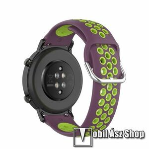 Okosóra szíj - légáteresztő, sportoláshoz, szilikon - 129mm + 86mm hosszú, 20mm széles, 140mm-től 220mm-es méretű csuklóig ajánlott - LILA / ZÖLD - SAMSUNG Galaxy Watch 42mm / Amazfit GTS / HUAWEI Watch GT 2 42mm / Galaxy Watch Active / Active 2 kép