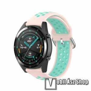 Okosóra szíj - légáteresztő, sportoláshoz, szilikon - 130mm + 86mm hosszú, 22mm széles, 140mm-től 220mm-es méretű csuklóig ajánlott - RÓZSASZÍN / CYAN - SAMSUNG Galaxy Watch 46mm / Watch GT2 46mm / Watch GT 2e / Gear S3 Frontier / Honor MagicWatch 2 46mm kép