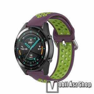 Okosóra szíj - légáteresztő, sportoláshoz, szilikon - 130mm + 86mm hosszú, 22mm széles, 140mm-től 220mm-es méretű csuklóig ajánlott - LILA / ZÖLD - SAMSUNG Galaxy Watch 46mm / Watch GT2 46mm / Watch GT 2e / Gear S3 Frontier / Honor MagicWatch 2 46mm kép