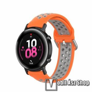 Okosóra szíj - légáteresztő, sportoláshoz, szilikon - 130mm + 86mm hosszú, 20mm széles, 140mm-től 220mm-es méretű csuklóig ajánlott - NARANCSSÁRGA / SZÜRKE - SAMSUNG Galaxy Watch 42mm / Amazfit GTS / HUAWEI Watch GT 2 42mm / Galaxy Watch Active / Active 2 kép
