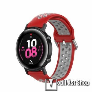 Okosóra szíj - légáteresztő, sportoláshoz, szilikon - 130mm + 86mm hosszú, 20mm széles, 140mm-től 220mm-es méretű csuklóig ajánlott - PIROS / SZÜRKE - SAMSUNG Galaxy Watch 42mm / Amazfit GTS / HUAWEI Watch GT 2 42mm / Galaxy Watch Active / Active 2 kép