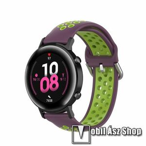 Okosóra szíj - légáteresztő, sportoláshoz, szilikon - 130mm + 86mm hosszú, 20mm széles, 140mm-től 220mm-es méretű csuklóig ajánlott - LILA / ZÖLD - SAMSUNG Galaxy Watch 42mm / Amazfit GTS / HUAWEI Watch GT 2 42mm / Galaxy Watch Active / Active 2 kép