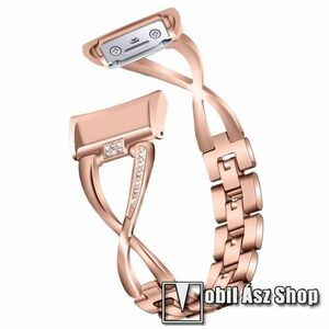 Fém X-shape okosóra szíj - strassz kővel díszített, 170mm hosszú, 140-193mm csuklóméretig ajánlott - ROSE GOLD - SAMSUNG Gear Fit 2 SM-R360 / SAMSUNG Gear Fit 2 Pro SM-R365 kép