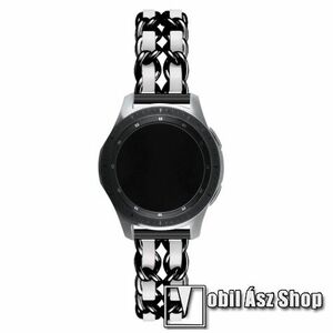 Okosóra szíj - FEKETE / FEHÉR - rozsdamentes acél / PU bőr - 190mm hosszú, 22mm széles - HUAWEI Watch GT / HUAWEI Watch Magic / MagicWatch 2 46mm / Watch GT 2 46mm kép