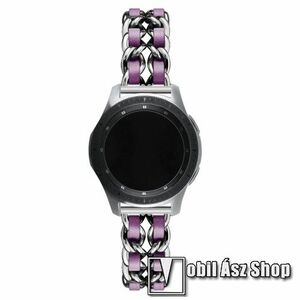 Okosóra szíj - EZÜST / LILA - rozsdamentes acél / PU bőr - 190mm hosszú, 22mm széles - HUAWEI Watch GT / HUAWEI Watch Magic / MagicWatch 2 46mm / Watch GT 2 46mm kép