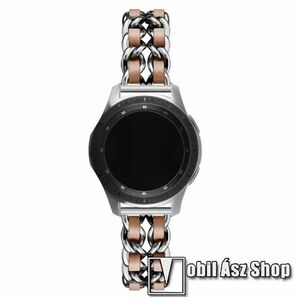 Okosóra szíj - EZÜST / BARNA - rozsdamentes acél / PU bőr - 190mm hosszú, 22mm széles - HUAWEI Watch GT / HUAWEI Watch Magic / MagicWatch 2 46mm / Watch GT 2 46mm kép