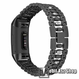 Fém okosóra szíj - strassz kővel díszített - FEKETE - Fitbit Charge 3 / Fitbit Charge 3 SE / Fitbit Charge 4 kép