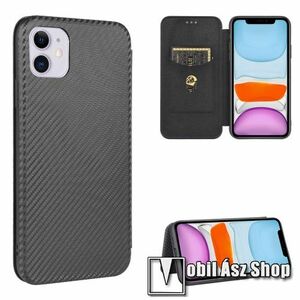 Notesz tok / flip tok - FEKETE - KARBON MINTÁS - asztali tartó funkciós, oldalra nyíló, rejtett mágneses záródás, bankkártyatartó zseb, szilikon belső - APPLE iPhone 12 / APPLE iPhone 12 Pro kép