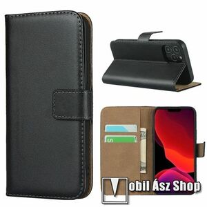 Notesz tok / flip tok - FEKETE - valódi bőr, asztali tartó funkciós, oldalra nyíló, rejtett mágneses záródás, bankkártyatartó zseb, szilikon belső - APPLE iPhone 12 mini kép