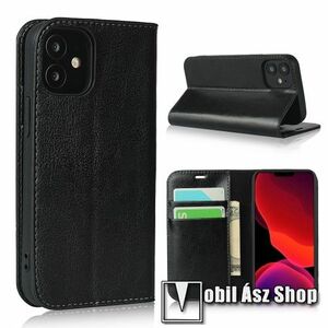 Notesz tok / flip tok - FEKETE - valódi bőr, asztali tartó funkciós, oldalra nyíló, bankkártyatartó zseb, szilikon belső - APPLE iPhone 12 mini kép