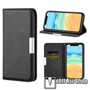 Notesz tok / flip tok - FEKETE - asztali tartó funkciós, oldalra nyíló, elegáns fémcsat, rejtett mágneses záródás, bankkártyatartó zseb, szilikon belső - APPLE iPhone 12 mini kép