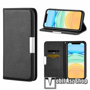 Notesz tok / flip tok - FEKETE - asztali tartó funkciós, oldalra nyíló, elegáns fémcsat, rejtett mágneses záródás, bankkártyatartó zseb, szilikon belső - APPLE iPhone 12 / APPLE iPhone 12 Pro kép