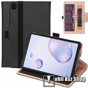 Notesz tok / mappa tok - FEKETE - asztali tartó funkciós, oldalra nyíló, bankkártya tartó zsebek, csuklópánt, tolltartó, szilikon belső, gumis záródás - SAMSUNG Galaxy Tab A7 10.4 (2020) (SM-T500/T505) / (2022) (SM-T509) kép