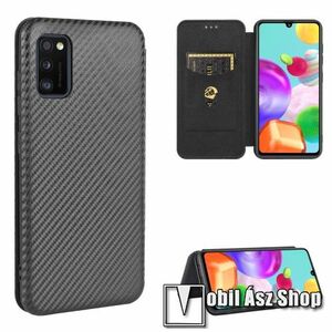 Notesz tok / flip tok - FEKETE - KARBON MINTÁS - asztali tartó funkciós, oldalra nyíló, rejtett mágneses záródás, bankkártyatartó zseb, szilikon belső - SAMSUNG Galaxy A41 (SM-A415F) kép