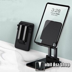 UNIVERZÁLIS Tablet PC tartó / asztali állvány - csúszásgátló, összecsukható, állítható magasság 13-20cm-ig és dőlésszög, 7-14"-os készülékekhez ajánlott - FEKETE - 10 x 2, 8 x 14 cm kép