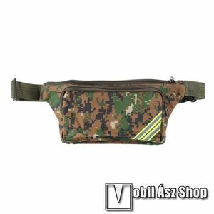 UNIVERZÁLIS ÖVTÁSKA - ZÖLD TEREPMINTÁS - állítható pánt, csatos záródás, zipzár, több fakkos, fényvisszaverő csík kép