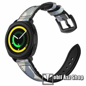 Valódi bőr okosóra szíj - KÉK TEREPMINTÁS - valódi bőr, szilikon belső, 120mm + 80mm hosszú, 20mm széles - SAMSUNG Galaxy Watch 42mm / Xiaomi Amazfit GTS / SAMSUNG Gear S2 / HUAWEI Watch GT 2 42mm / Galaxy Watch Active / Active 2 kép