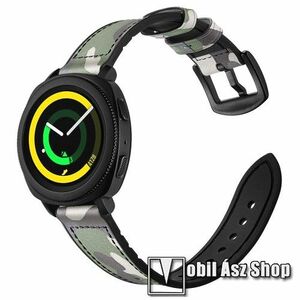 Valódi bőr okosóra szíj - ZÖLD TEREPMINTÁS - valódi bőr, szilikon belső, 120mm + 80mm hosszú, 20mm széles - SAMSUNG Galaxy Watch 42mm / Xiaomi Amazfit GTS / SAMSUNG Gear S2 / HUAWEI Watch GT 2 42mm / Galaxy Watch Active / Active 2 kép