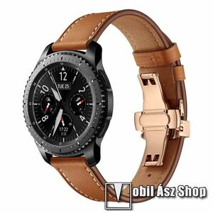 Okosóra szíj - ROSE GOLD / BARNA - valódi bőr, pillangó csat, 120mm + 80mm hosszú, 22mm széles, 165mm-től 220mm-es méretű csuklóig ajánlott - SAMSUNG Galaxy Watch 46mm / Watch GT2 46mm / Watch GT 2e / Gear S3 Frontier / Honor MagicWatch 2 46mm kép