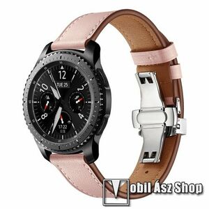Okosóra szíj - EZÜST / RÓZSASZÍN - valódi bőr, pillangó csat, 120mm + 80mm hosszú, 22mm széles, 165mm-től 220mm-es méretű csuklóig ajánlott - SAMSUNG Galaxy Watch 46mm / Watch GT2 46mm / Watch GT 2e / Gear S3 Frontier / Honor MagicWatch 2 46mm kép