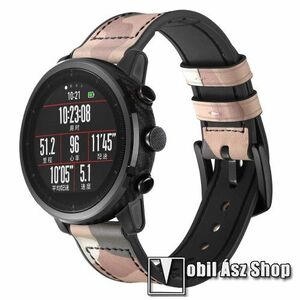 Valódi bőr okosóra szíj - RÓZSASZÍN TEREPMINTÁS - valódi bőr, szilikon belső, 120mm + 80mm hosszú, 22mm széles, 155-215mm-es méretű csuklóig ajánlott - SAMSUNG Galaxy Watch 46mm / Watch GT2 46mm / Watch GT 2e / Gear S3 Frontier / Honor MagicWatch 2 46mm kép