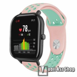 Okosóra szíj - légáteresztő, sportoláshoz, szilikon - 85mm + 139mm hosszú, 20mm széles - RÓZSASZÍN / CYAN - SAMSUNG Galaxy Watch 42mm / Xiaomi Amazfit GTS / SAMSUNG Gear S2 / HUAWEI Watch GT 2 42mm / Galaxy Watch Active / Active 2 kép