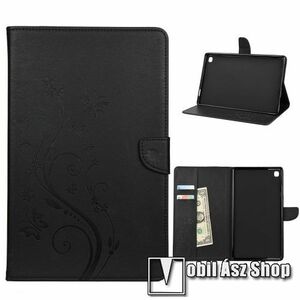 Notesz / mappa tok - GRAVÍROZOTT PILLANGÓ MINTÁS - FEKETE - oldalra nyíló, bankkártyatartó zsebek, mágneses záródás, asztali tartó funkció, szilikon belső - SAMSUNG Galaxy Tab A7 10.4 (2020) (SM-T500/T505) / (2022) (SM-T509) kép