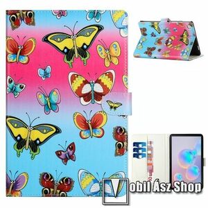 Notesz tok / mappa tok - SZÍNES PILLANGÓ MINTÁS - asztali tartó funkciós, oldalra nyíló, rejtett mágneses záródás, bankkártyatartó zsebekkel, szilikon belső - SAMSUNG Galaxy Tab A7 10.4 (2020) (SM-T500/T505) / (2022) (SM-T509) kép