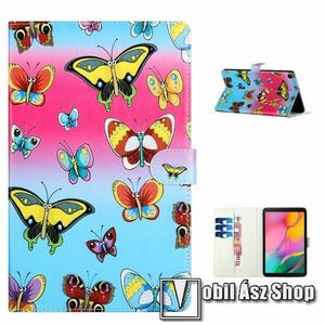 Notesz tok / mappa tok - SZÍNES PILLANGÓ MINTÁS - asztali tartó funkciós, oldalra nyíló, rejtett mágneses záródás, bankkártyatartó zsebekkel, szilikon belső - SAMSUNG Galaxy Tab A 10.1 Wi-Fi (2019) (SM-T510) / Galaxy Tab A 10.1 LTE (2019) (SM-T515) kép
