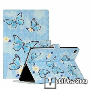 Notesz tok / mappa tok - KÉK PILLANGÓ MINTÁS - asztali tartó funkciós, oldalra nyíló, rejtett mágneses záródás, bankkártyatartó zsebekkel, szilikon belső - SAMSUNG Galaxy Tab A7 10.4 (2020) (SM-T500/T505) / (2022) (SM-T509) kép