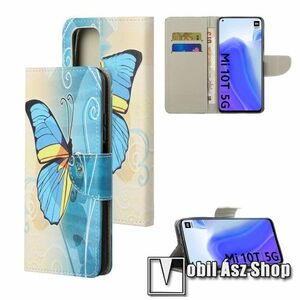 Notesz / mappa tok - KÉK PILLANGÓ MINTÁS - oldalra nyíló, rejtett mágneses záródás, belső zseb, asztali tartó funkció, szilikon belső - Xiaomi Mi 10T 5G / Mi 10T Pro 5G / Redmi K30S kép