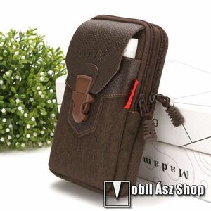 UNIVERZÁLIS álló tok - cipzár, csatos, övre fűzhető, több fakkos - KÁVÉBARNA - első zseb belső mérete: 170 x 90mm, hátsó zsebek belső mérete: 185 x 100mm kép