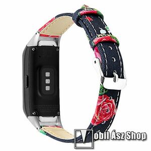 Okosóra szíj - FEKETE / PIROS VIRÁG - valódi bőr, 115+76 mm hosszú, 140-193mm-es méretű csuklóig ajánlott - SAMSUNG SM-R370 Galaxy Fit kép