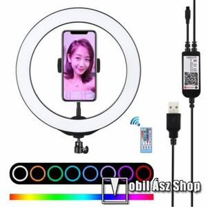 PULUZ UNIVERZÁLIS telefon tartó tripod állványra rögzíthető - RGBW LED selfie körfény, állítható szín, 12W, távirányítóval, zenére világít, letöltehető alkalmazás, 360°-ban forgatható, 1/4" univerzális csavar - FEKETE kép