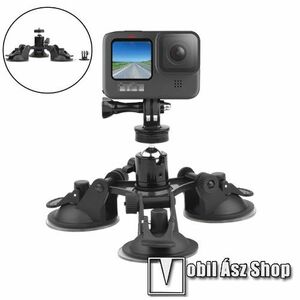 GoPro Hero 11 / 10 / 9 / 8 / 7 / 6 / 5 / 4 / 3 / 3 Plus / Plus / MAX / Fusion gépkocsi / autós tartó - 1/4"-os rögzítő univerzális csavarral, 3x tapadókorongos szélvédőre helyezhető, 360°-ban forgatható - FEKETE kép