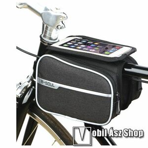 UNIVERZÁLIS biciklis / kerékpáros tartó konzol mobiltelefon készülékekhez - vázra rögzíthető, tépőzáras, cseppálló védő tokos kialakítás, 2L cipzáros oldal táskák 180 x 40 x 125mm oldalanként, 90 x 170mm 6.2" készülékekhez - FEKETE kép