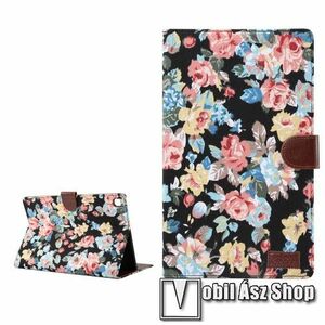 Notesz / mappa tok - oldalra nyíló flip cover, asztali tartó funkció, mágneses záródás, bankkártyatartó zseb, műanyag belső - FEKETE VIRÁG MINTÁS - SAMSUNG Galaxy Tab A7 10.4 (2020) (SM-T500/T505) / (2022) (SM-T509) kép