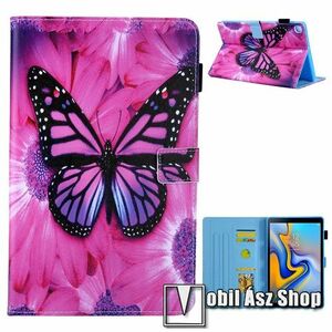 Notesz tok / mappa tok - RÓZSASZÍN VIRÁG / PILLANGÓ MINTÁS - asztali tartó funkciós, oldalra nyíló, bankkártyatartó zsebekkel, ceruzatartó, szilikon belső - SAMSUNG Galaxy Tab A7 10.4 (2020) (SM-T500/T505) / (2022) (SM-T509) kép