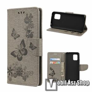 Notesz / mappa tok - GRAVÍROZOTT PILLANGÓ / VIRÁG MINTÁS - SZÜRKE - oldalra nyíló, rejtett mágneses záródás, belső zseb, asztali tartó funkció, szilikon belső - Xiaomi Mi 10 Lite 5G / Xiaomi Mi 10 Youth 5G / Xiaomi Mi 10 Lite Zoom kép