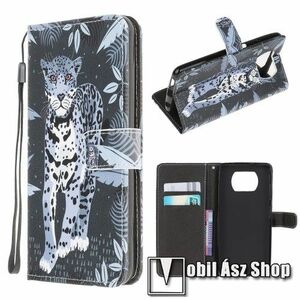 Notesz / mappa tok - LEOPÁRD MINTÁS - oldalra nyíló, rejtett mágneses záródás, bankkártyatartó zseb, asztali tartó funkció, szilikon belső - Xiaomi Poco X3 / Poco X3 NFC / Poco X3 Pro kép